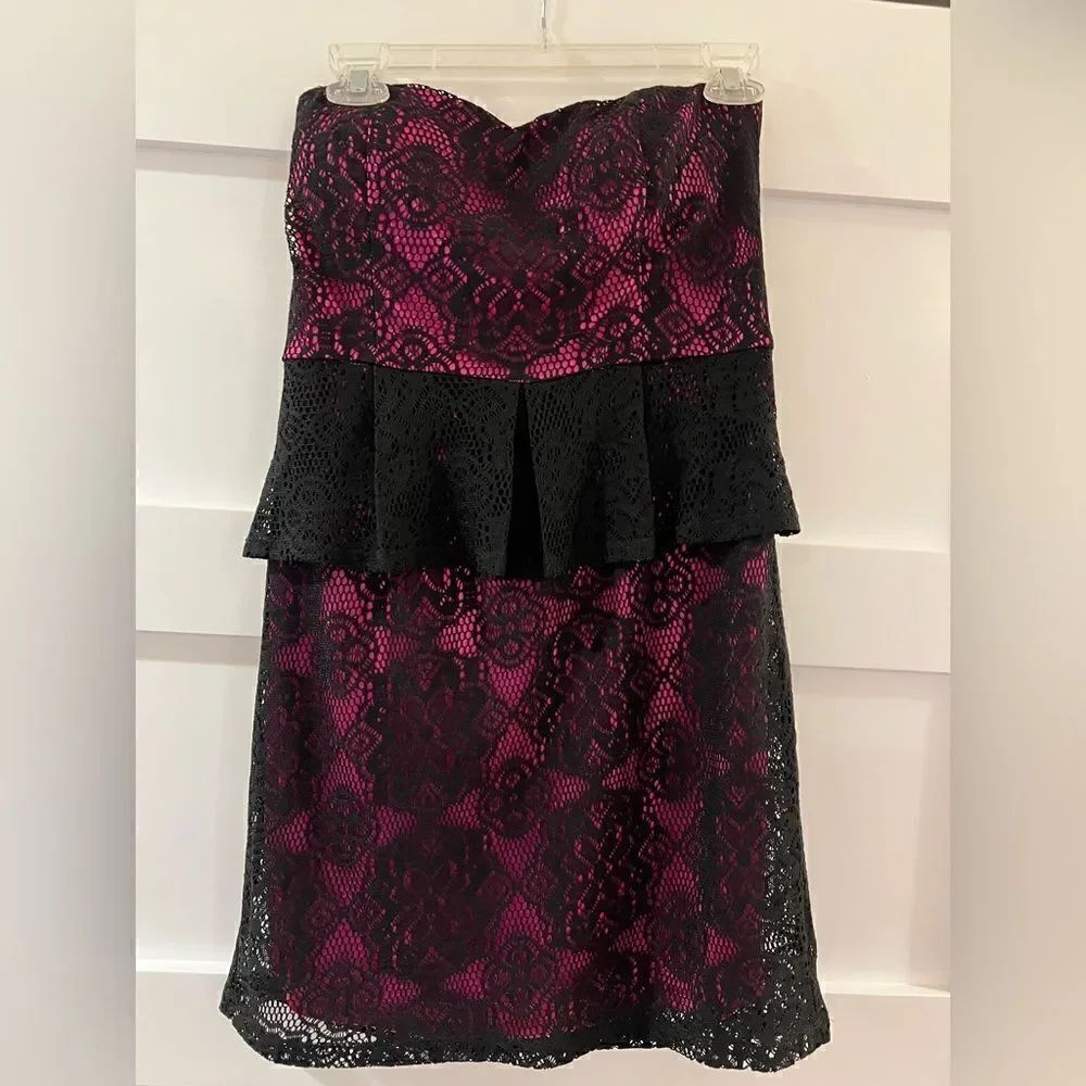 Dots Hot Pink & Black Lace sexy Strapless Peplum Retro Y2K Party dress size L